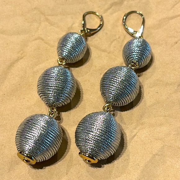 J Crew Disco Party Triple String Wrap Ball Drop Earrings Metallic Silver - Picture 3 of 3